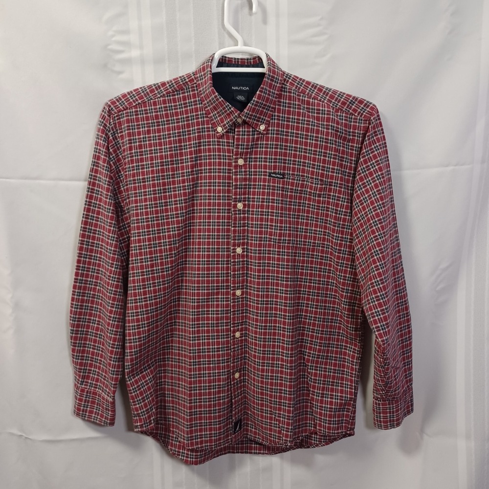 Nautica Button Down Shirt Boys XL 20 Red Plaid Long Sleeve Cotton Casual Pocket